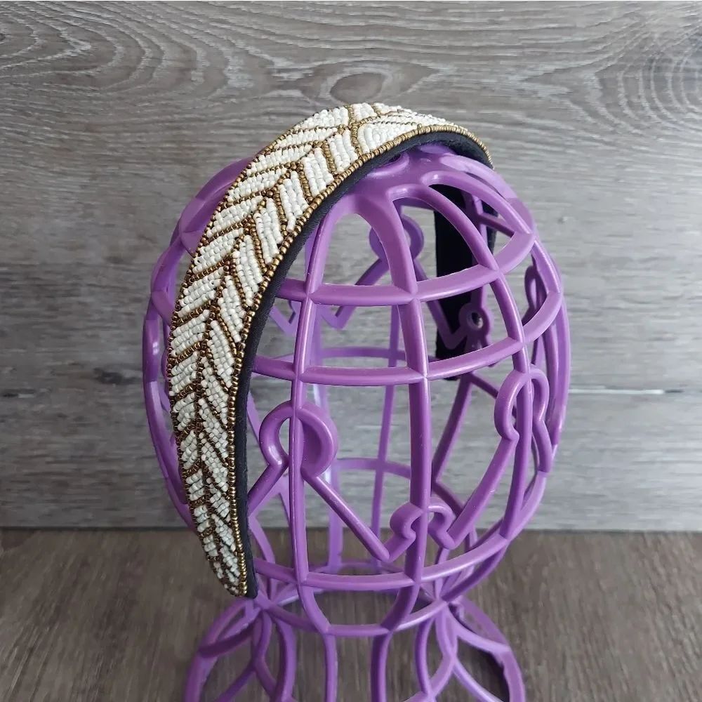 Elegant White and Gold Beaded Headband